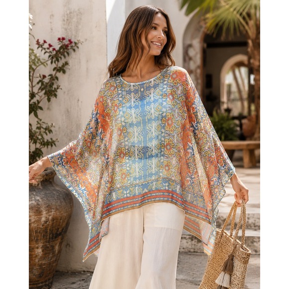 Ali Miles Tops - Ali Miles Womens XL Sheer Mesh Poncho Top Geometric Handkerchief Hem *Flawed